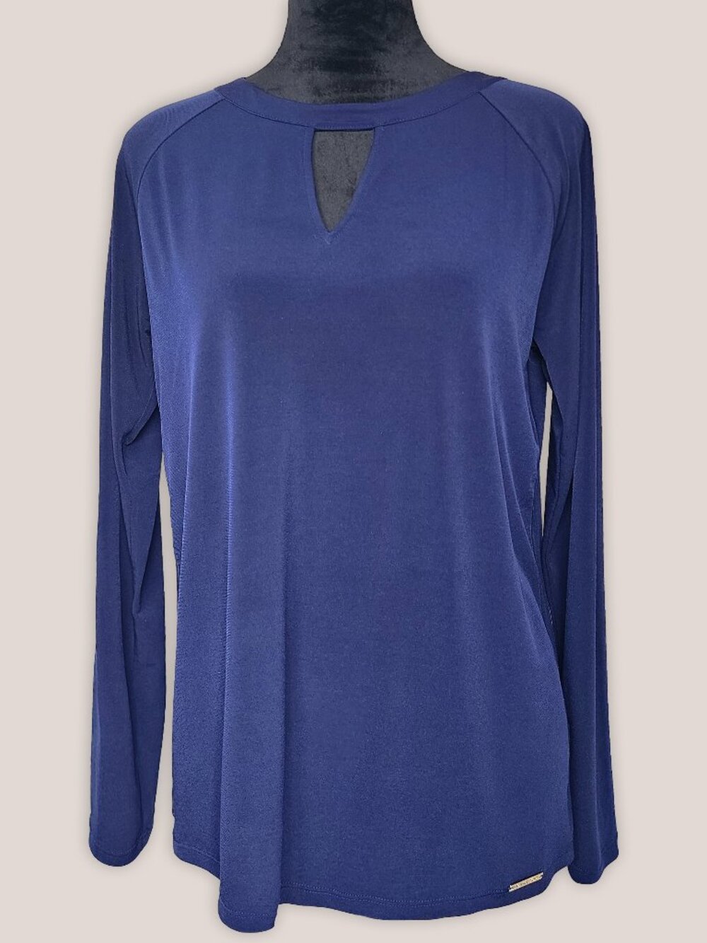 MICHAEL KORS Navy Blue Keyhole Cutout Long Sleeve Top w/ Gold Logo